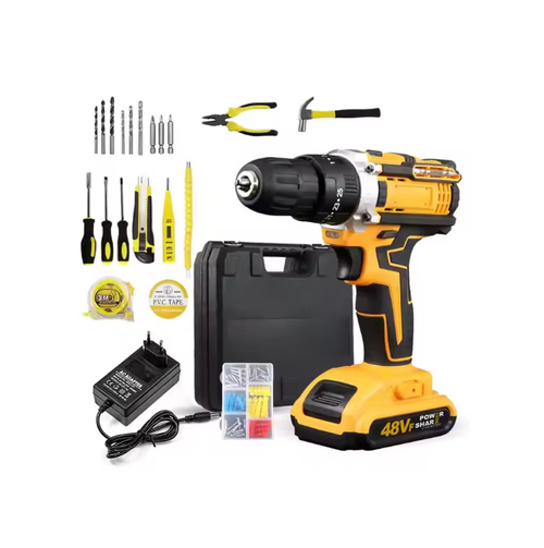 Este kit de ferramentas tudo-em-um inclui uma fita métrica, chave de fenda, alicate, etc.  A furadeira de bateria de lítio de dupla velocidade pode ajustar a velocidade de forma flexível, tem bateria de longa duração e uma pegada confortável.  É adequado para vários cenários, como reparos domésticos, montagem de móveis, criações de bricolage, etc.  O armazenamento é científico, permitindo que você se torne facilmente um artesão habilidoso.