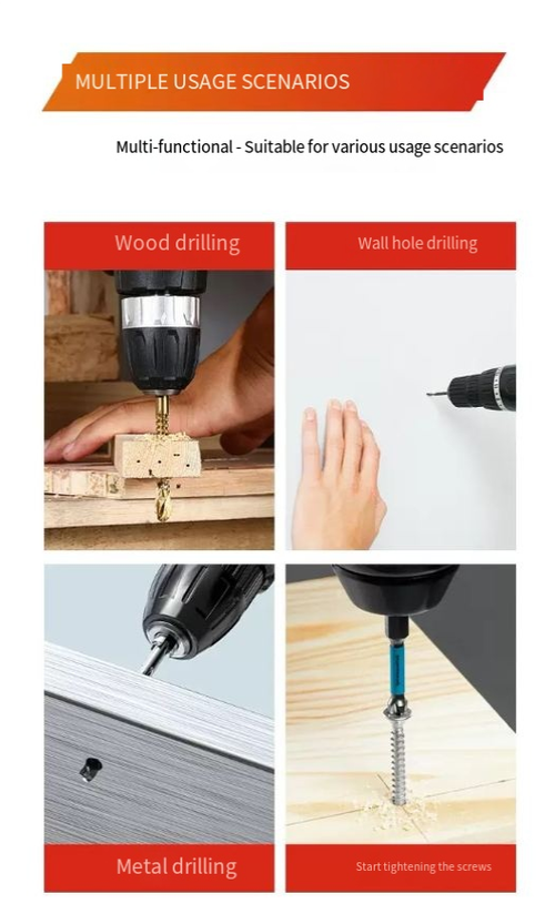 Este kit de ferramentas tudo-em-um inclui uma fita métrica, chave de fenda, alicate, etc.  A furadeira de bateria de lítio de dupla velocidade pode ajustar a velocidade de forma flexível, tem bateria de longa duração e uma pegada confortável.  É adequado para vários cenários, como reparos domésticos, montagem de móveis, criações de bricolage, etc.  O armazenamento é científico, permitindo que você se torne facilmente um artesão habilidoso.