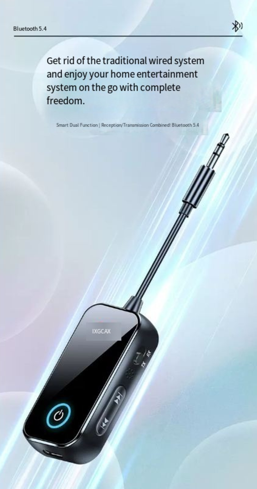 Este receptor-transmissor Bluetooth adota a tecnologia Bluetooth 5.4 e é plug-and-play.  Ele pode atualizar alto-falantes antigos, fones de ouvido com fio e outros dispositivos para dispositivos sem fio.  Ele suporta os modos de recepção e transmissão e também pode ser usado para chamadas viva-voz durante a condução.  A transmissão é estável e a qualidade do som é alta, permitindo fácil realização da liberdade de áudio sem fio.