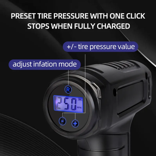 Bomba de ar a bordo com display digital estilo revólver.  O design estilo pistola é fácil de operar.  A grande tela digital predefine com precisão a pressão dos pneus e para quando totalmente inflada.  O motor de alta velocidade infla rapidamente.  As luzes LED são convenientes para uso à noite.  Carregue-o para dirigir sozinho, garantindo que a pressão dos pneus esteja sempre em ordem, e você pode partir com tranquilidade.
