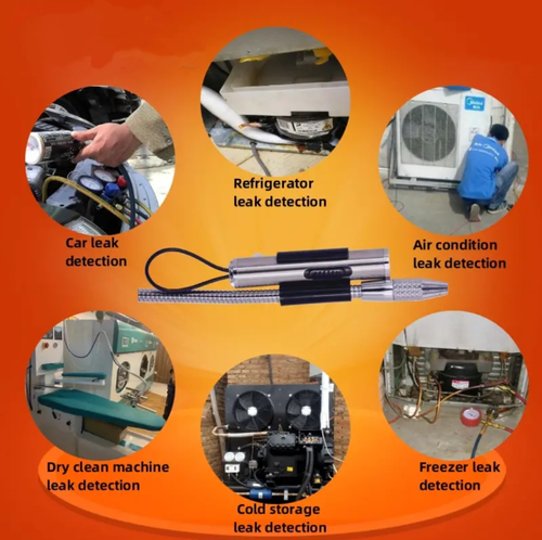 Este detector de vazamento de refrigerante possui sensores altamente sensíveis, permitindo detectar com precisão vários pequenos vazamentos de refrigerante.  A sonda flexível permite uma detecção abrangente.  Ele calibra automaticamente na inicialização e emite alertas sonoros e visuais quando ocorre um vazamento, fornecendo uma resposta rápida.  É um especialista eficiente para manutenção de refrigerante e detecção de vazamentos.