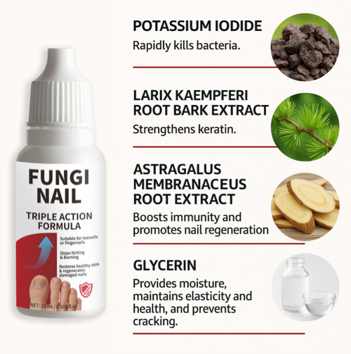 If you place an order today, you will receive 4 bottles of anti-fungal nail repair solution. It works by interfering with the synthesis of the fungal cell membrane, inhibiting the growth and reproduction of fungi, shrinking the nail plate, repairing damaged nail plates, promoting the growth of new nails, improving nail quality, and alleviating itching caused by fungal infections. One course consists of 4 bottles, allowing you to regain healthy nails.