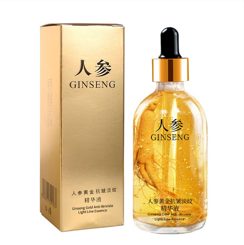 This Ginseng Golden Anti-Wrinkle and Wrinkle-Reduction Essence Liquid contains ginseng inside the bottle and the essence has a golden yellow texture. Using a dropper to draw the liquid, it can prevent wrinkles and reduce lines, infusing the skin with the energy of ginseng essence, helping to improve the skin condition and revitalize the skin with a youthful glow.