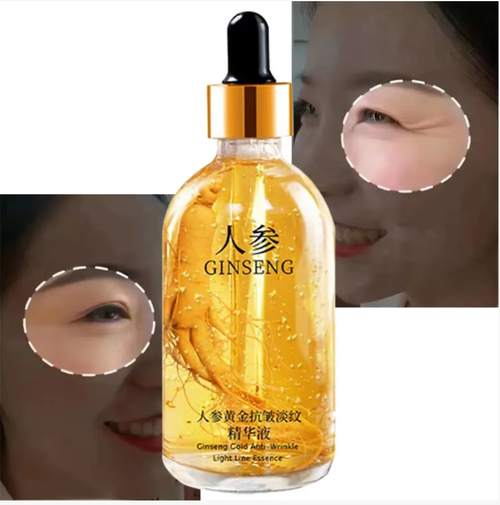 This Ginseng Golden Anti-Wrinkle and Wrinkle-Reduction Essence Liquid contains ginseng inside the bottle and the essence has a golden yellow texture. Using a dropper to draw the liquid, it can prevent wrinkles and reduce lines, infusing the skin with the energy of ginseng essence, helping to improve the skin condition and revitalize the skin with a youthful glow.