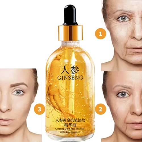 This Ginseng Golden Anti-Wrinkle and Wrinkle-Reduction Essence Liquid contains ginseng inside the bottle and the essence has a golden yellow texture. Using a dropper to draw the liquid, it can prevent wrinkles and reduce lines, infusing the skin with the energy of ginseng essence, helping to improve the skin condition and revitalize the skin with a youthful glow.