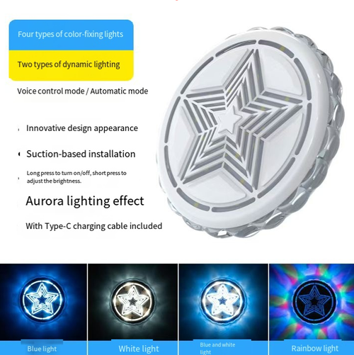 Esta lâmpada de leitura LED apresenta um design único de estrela de cinco pontas.  Seu efeito de luz aurora é encantador.  Ele pode ser alternado livremente entre vários modos, e adiciona diversão com controles por voz e modos automáticos.  A instalação da ventosa é simples, e o carregamento do Tipo C é tranquilo.  A operação é fácil e pode criar rapidamente uma atmosfera interna única, trazendo uma nova experiência ao dirigir.