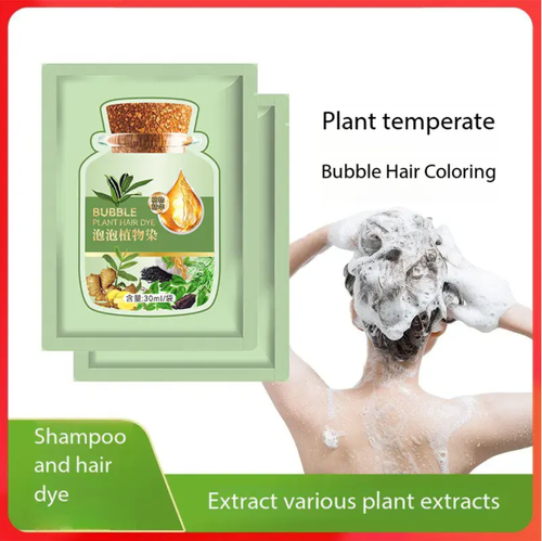 Esta tinta de cabelo de bolhas à base de plantas, para lavar cabelo = para tingir cabelo.  Quando espremido, produz uma espuma espessa.  A fórmula à base de plantas é suave e não irrita o couro cabeludo.  Combina tingimento e cuidado, deixando o cabelo mais macio e lustroso.  Faça o pedido hoje por 5 caixas, totalizando 50 pacotes.  É suficiente para toda a família usar por um ano.  Consiga facilmente cabelo preto natural, economizando tempo e cuidados capilares!