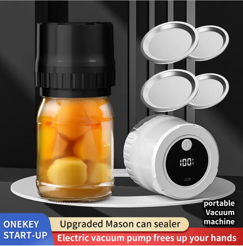 The upgraded Mason jar sealing machine, with one-click start and an electric vacuum pump to free your hands. It comes with a portable vacuum machine and multiple sealing lids, suitable for Mason jars. It can vacuum-seal fruits and vegetables inside the jars, keeping them fresh and dry. The operation is simple, making food storage more convenient and a great helper for home storage. It carefully safeguards every preservation operation.