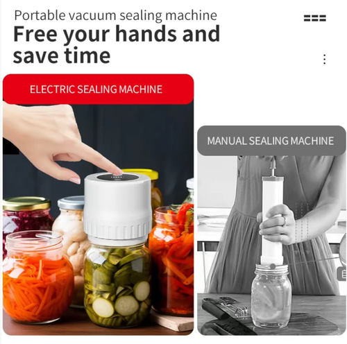 The upgraded Mason jar sealing machine, with one-click start and an electric vacuum pump to free your hands. It comes with a portable vacuum machine and multiple sealing lids, suitable for Mason jars. It can vacuum-seal fruits and vegetables inside the jars, keeping them fresh and dry. The operation is simple, making food storage more convenient and a great helper for home storage. It carefully safeguards every preservation operation.