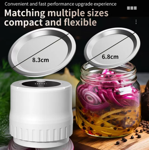 The upgraded Mason jar sealing machine, with one-click start and an electric vacuum pump to free your hands. It comes with a portable vacuum machine and multiple sealing lids, suitable for Mason jars. It can vacuum-seal fruits and vegetables inside the jars, keeping them fresh and dry. The operation is simple, making food storage more convenient and a great helper for home storage. It carefully safeguards every preservation operation.