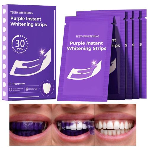 A pasta de dente blanqueadora de película roxa suave e protetora: Ela remove rapidamente manchas amarelas em 30 minutos e não causa sensibilidade dentária!  Contém glicerina da essência de correção de cor V34 para cuidados gengivais e inclui 14 conjuntos completos de kits de cuidados.  Faça o pedido hoje e você receberá 3 caixas, totalizando 84 tiras, cobrindo todo o ciclo de cuidados.  manchas de café e dentes naturalmente amarelos em dentes saudáveis, brilhantes e brancos.