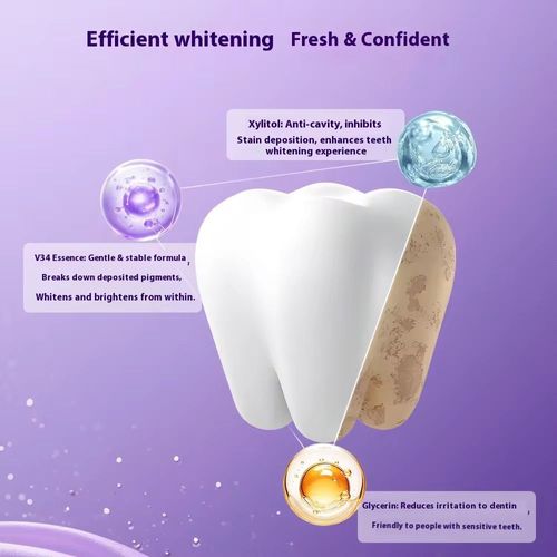 A pasta de dente blanqueadora de película roxa suave e protetora: Ela remove rapidamente manchas amarelas em 30 minutos e não causa sensibilidade dentária!  Contém glicerina da essência de correção de cor V34 para cuidados gengivais e inclui 14 conjuntos completos de kits de cuidados.  Faça o pedido hoje e você receberá 3 caixas, totalizando 84 tiras, cobrindo todo o ciclo de cuidados.  manchas de café e dentes naturalmente amarelos em dentes saudáveis, brilhantes e brancos.