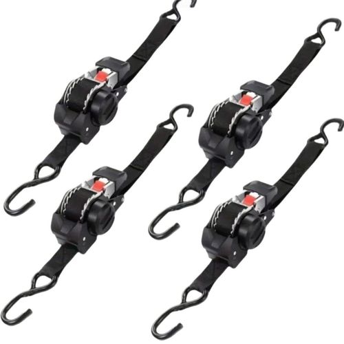 Fita de fixação com encaixe de catraca automática tipo catraca, 3 metros de comprimento, 1 polegada de largura, duplo gancho em S com fivela de segurança coberta de borracha, fita de fixação de bagagem para porta-malas de caminhonete, alça de amarração para motocicletas off-road e veículos recreativos para camping, alça de liberação rápida com travamento automático, fita de reforço para transporte externo