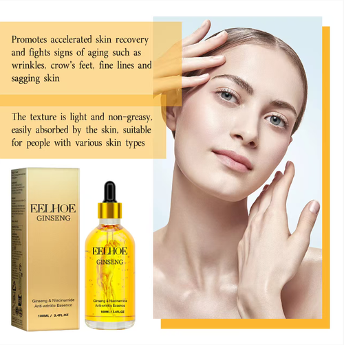 Ele combina o efeito nutritivo do ginseng com o efeito iluminador da nicotinamida, reduzindo efetivamente as linhas finas e melhorando a textura da pele.  Está em uma forma semelhante a água cristalina.  Se você fizer um pedido hoje, receberá 3 frascos de essência de ginseng líquido para remoção dos olhos, levantamento, firmamento e rejuvenescimento da pele.  Basta aplicar uma gota por dia, e sua pele será revitalizada e recuperará uma aparência jovem e elástica.