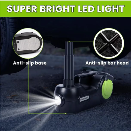 Macaco automotivo digital multifuncional hidráulico automotivo com bomba de inflação e chave elétrica, fonte de alimentação de 12V para veículos, função de levantamento + chave inglesa por um botão, equipamento completo de emergência incluindo placa triangular,  caixa de armazenamento preta e verde, portátil e durável.  Ele pode suportar o macaco quando um pneu estoura, fornecer energia quando a bateria está fraca, instalar placas de alerta à noite e lidar com todas as emergências.