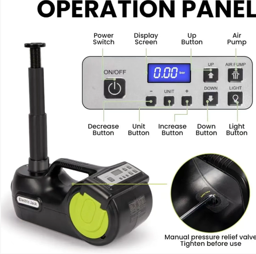 Macaco automotivo digital multifuncional hidráulico automotivo com bomba de inflação e chave elétrica, fonte de alimentação de 12V para veículos, função de levantamento + chave inglesa por um botão, equipamento completo de emergência incluindo placa triangular,  caixa de armazenamento preta e verde, portátil e durável.  Ele pode suportar o macaco quando um pneu estoura, fornecer energia quando a bateria está fraca, instalar placas de alerta à noite e lidar com todas as emergências.