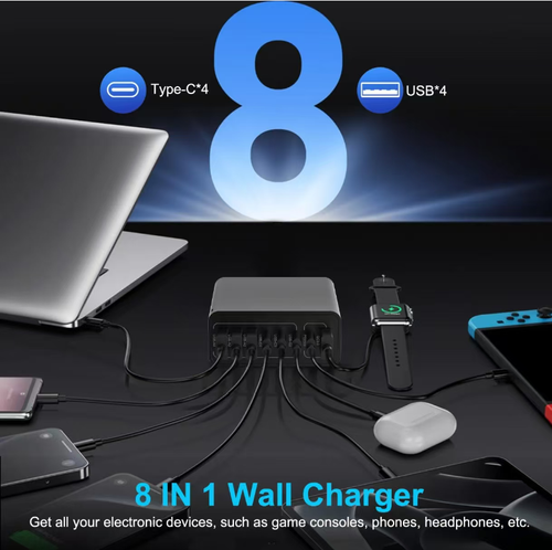 Cabeça de Carregamento Rápido 8 em 1: Um plugue substitui vários carregadores, carregando 8 dispositivos simultaneamente, dizendo adeus aos cabos de energia emaranhados.  Ele suporta protocolos de carregamento rápido como o QC4.0, distribuindo a energia de forma inteligente para carregamento rápido sem sacrificar a eficiência.  Com 8 camadas de proteção para maior segurança.  Portátil para uso em mesas ou viagens, é uma solução de carregamento + arrumação.