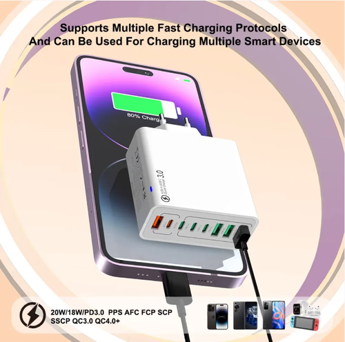 Cabeça de Carregamento Rápido 8 em 1: Um plugue substitui vários carregadores, carregando 8 dispositivos simultaneamente, dizendo adeus aos cabos de energia emaranhados.  Ele suporta protocolos de carregamento rápido como o QC4.0, distribuindo a energia de forma inteligente para carregamento rápido sem sacrificar a eficiência.  Com 8 camadas de proteção para maior segurança.  Portátil para uso em mesas ou viagens, é uma solução de carregamento + arrumação.