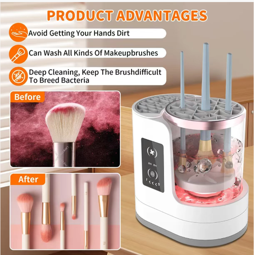 Máquina de limpeza e secagem de pincéis elétricos Lazyman.  leva apenas 5 minutos para terminar lavagem + centrifugação + secagem.  Gire em ambas as direções para remover resíduos da fundação.  O ar quente de 245W seca rápido sem formar grumos.  Ele possui 5 interfaces para se encaixar em todos os tipos de pincéis.  Lave várias escovas ao mesmo tempo, separe as partes secas e úmidas para evitar mofo.  Pincéis sujos de maratonar séries ficam novos e limpos para aplicação de maquiagem!