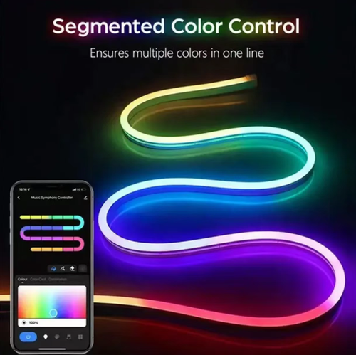 Fita de Luz de Neon Flexível Smart Phantom: giratória 360°, acende-se instantaneamente ao contato.  Controle duplo via APP ou controle remoto.  1000 cores ajustáveis.  Sincroniza com o ritmo da música.  Suporta controle segmental de cor para múltiplas cores.  Adequado para cozinha, sala, etc.  Aumenta instantaneamente a atmosfera.  Faz cada dia brilhar.  Basta colocar e cada dia pode brilhar.  A atmosfera simplesmente explode.