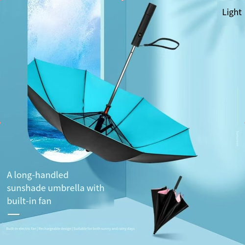 Esse guarda-chuva tem revestimento de borracha preta para bloquear os raios ultravioleta, Ele tem uma bateria de 2600mAh que pode carregar seu celular.  É um guarda-chuva de dupla função que pode ser dobrado e possui duas configurações de força do vento.  Ele está disponível em várias cores, como rosa, amarelo e azul.  É conveniente levar sua mochila para o trajeto ou para fazer compras, permitindo que você aproveite a natureza no verão sem ser sufocado pelo sol.