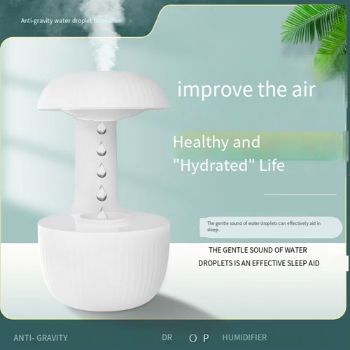 Este umidificador antigravidade utiliza tecnologia de ponta para fazer as gotas de chuva fluírem ao contrário.  A névoa fina ultrassônica úmida o ar sem molhar a mesa.  Vem com luz quente + ruído branco em gotas de água para ajudar no sono.  Pode ser personalizada com um tema DIY.  O design minimalista se encaixa bem em mesas ou criados.  Ele serve tanto como umidificador quanto como uma peça de arte relaxante para desktop.