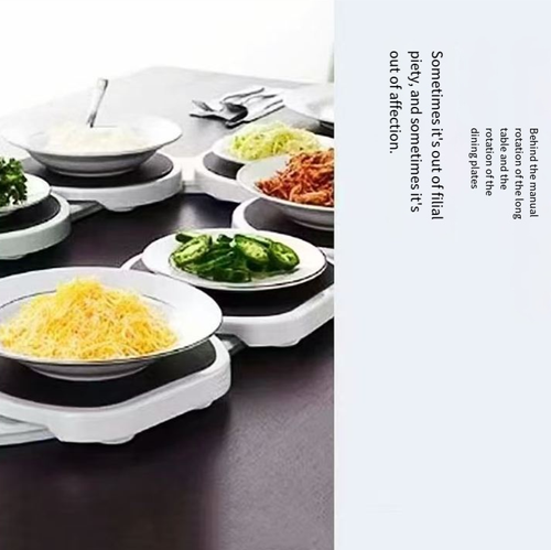 Essa mesa giratória rotativa de trilhos pode ser montada simplesmente ao posicionar a mesa. Os pratos redondos de qualidade alimentícia são à prova de derramamento.  Idosos e crianças podem operá-lo.  É conveniente para desmontar e limpar e não ocupa muito espaço.  A mesa longa pode se transformar instantaneamente em uma mesa de reunião.  Durante os jantares em família, todos os pratos podem ser facilmente pegados.  A experiência gastronômica é relaxada e animada.