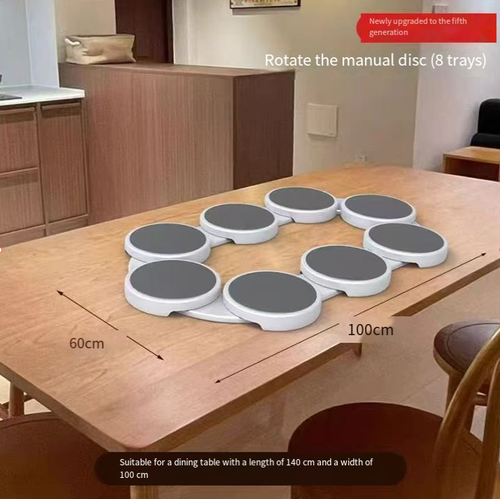 Essa mesa giratória rotativa de trilhos pode ser montada simplesmente ao posicionar a mesa. Os pratos redondos de qualidade alimentícia são à prova de derramamento.  Idosos e crianças podem operá-lo.  É conveniente para desmontar e limpar e não ocupa muito espaço.  A mesa longa pode se transformar instantaneamente em uma mesa de reunião.  Durante os jantares em família, todos os pratos podem ser facilmente pegados.  A experiência gastronômica é relaxada e animada.