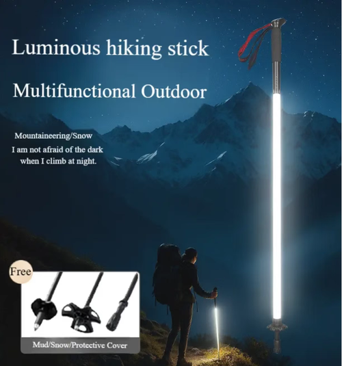 Bastões de caminhada LED essenciais para escalada noturna: Luz suave que não cause fadiga ocular, iluminando um caminho de 1 metro sob seus pés.  Também funcionam como postes de suporte (com coberturas de neve e lama) e podem ser usados como iluminação de câmeras.  Leves e altamente duráveis, esses postes liberam suas mãos para escalada noturna, proporcionando máxima segurança e atmosfera.  Essas certamente serão o assunto da cidade quando você usar a pulseira.  Rápido, faça seu pedido!