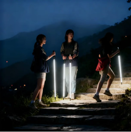 Bastões de caminhada LED essenciais para escalada noturna: Luz suave que não cause fadiga ocular, iluminando um caminho de 1 metro sob seus pés.  Também funcionam como postes de suporte (com coberturas de neve e lama) e podem ser usados como iluminação de câmeras.  Leves e altamente duráveis, esses postes liberam suas mãos para escalada noturna, proporcionando máxima segurança e atmosfera.  Essas certamente serão o assunto da cidade quando você usar a pulseira.  Rápido, faça seu pedido!