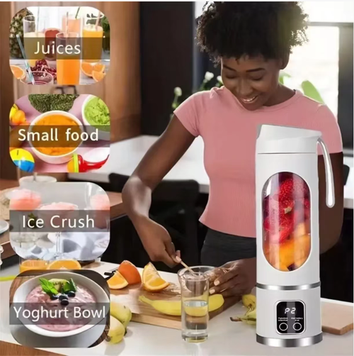 Coloque a máquina de suco fresco na sua bolsa!  Este espremedor sem fio de grande capacidade de 450ml tem três ajustes de ajuste: sem pressão para triturar gelo, líquido liso e fino sem filtração, pode ser usado dez vezes após uma única carga, portátil e fácil de limpar.  Você pode fazer suco de frutas a qualquer momento, seja no trabalho ou no acampamento, com sucos frescos e puros, e aproveitar a doçura refrescante a qualquer momento.  Prepare e sirva imediatamente