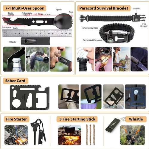 Este kit de ferramentas para atividades externas é um contêiner móvel de segurança para atividades externas: pá 4-em-1, machado 15-em-1, cobertura multifuncional com colher para operações de acampamento, kit de primeiros socorros + cobertor refletivo para emergências, lanterna + guarda-chuva + corda + bússola cobrindo todos os detalhes. impermeável e portátil.  Perfeito para trilhas, dirigir e carregar o veículo com você quando sair, garantindo a segurança externa.