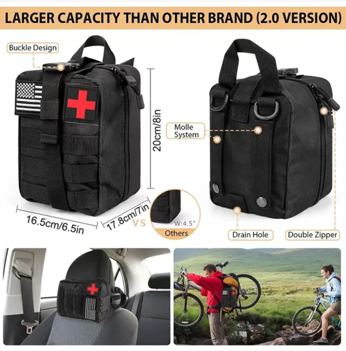 Este kit de ferramentas para atividades externas é um contêiner móvel de segurança para atividades externas: pá 4-em-1, machado 15-em-1, cobertura multifuncional com colher para operações de acampamento, kit de primeiros socorros + cobertor refletivo para emergências, lanterna + guarda-chuva + corda + bússola cobrindo todos os detalhes. impermeável e portátil.  Perfeito para trilhas, dirigir e carregar o veículo com você quando sair, garantindo a segurança externa.