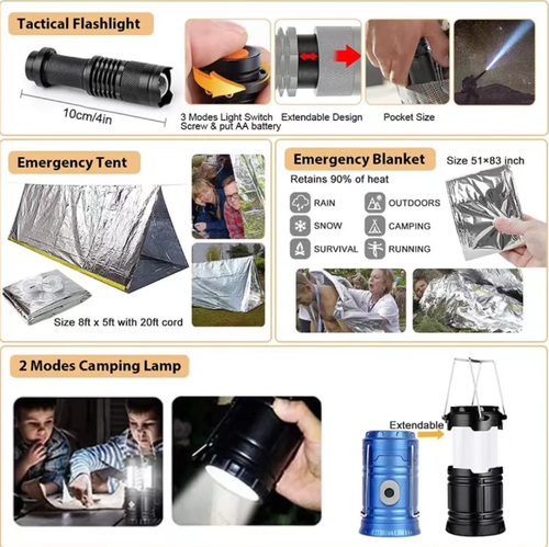 Este kit de ferramentas para atividades externas é um contêiner móvel de segurança para atividades externas: pá 4-em-1, machado 15-em-1, cobertura multifuncional com colher para operações de acampamento, kit de primeiros socorros + cobertor refletivo para emergências, lanterna + guarda-chuva + corda + bússola cobrindo todos os detalhes. impermeável e portátil.  Perfeito para trilhas, dirigir e carregar o veículo com você quando sair, garantindo a segurança externa.