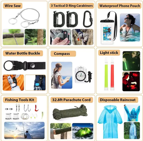 Este kit de ferramentas para atividades externas é um contêiner móvel de segurança para atividades externas: pá 4-em-1, machado 15-em-1, cobertura multifuncional com colher para operações de acampamento, kit de primeiros socorros + cobertor refletivo para emergências, lanterna + guarda-chuva + corda + bússola cobrindo todos os detalhes. impermeável e portátil.  Perfeito para trilhas, dirigir e carregar o veículo com você quando sair, garantindo a segurança externa.