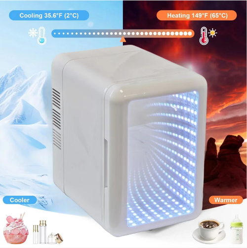 Mini Geladeira de Maquiagem 4L bloqueia a essência das máscaras ativas em 2°C e aquece a 65°C para evitar que o rosto esfrie no inverno.  O painel da porta do espelho possui luzes ambientais multicoloridas e também pode servir como espelho de maquiagem.  Possui duas fontes de energia, permitindo que seja transportado ou movido, e opera silenciosamente.  Com sua pequena capacidade, ele pode armazenar toda a rotina de cuidados com a pele, adicionando um toque de cerimônia à penteadeira.