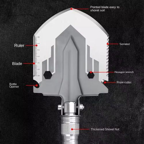 Pá multifuncional e divisível para soldados: lâmina, abridor de garrafas e interface de chave de fenda.  Ele suporta deformação multinível para trocar de forma de ferramenta.  Ele vem com um componente de alça estendida.  Picos táticos.  Acessórios para cabeças de ferramenta.  Abrange todos os cenários como cavação de fossas de camping, serra de árvores ao ar livre, autossuficiência em emergências e sobrevivência na natureza.  Ferramentas portáteis profissionais de sobrevivência.