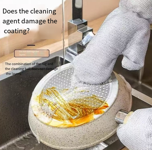 Essa luva de aço de arame é uma salvação na cozinha: com forro de PVC para propriedades impermeáveis e à prova de óleo, proteção de punho estendida, fibra de arame de aço para limpar panelas sem arranhar o revestimento e uma tira para secar facilmente.  Ele faz tudo com um único conjunto – lavar louça e limpar panelas – libertando você de mãos dormentes e machucadas e facilitando muito as tarefas domésticas.