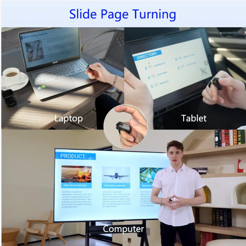 Este controle remoto em formato de anel é tão portátil quanto um anel: usado no dedo, ele pode controlar celulares, tablets, e-books, folhear páginas, projetar telas para uso no escritório, virar PPTs remotamente e tirar selfies com pressão longa.  Ele suporta múltiplos dispositivos, com operação simples por um toque leve.  Isso libera suas mãos, tornando-se eficiente para tirar selfies ao sair.  Basta levantar a mão para controlar, e é extremamente conveniente.