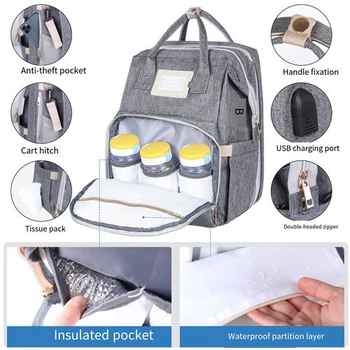 Mochila de Viagem para Crianças Carregadas: Tecido cinza resistente a manchas, múltiplos compartimentos de armazenamento (adequados para mamadeiras, fraldas, roupas, tablets), compartimento isolante, camada impermeável + espaço para saco de dormir expansível, equipado com porta USB para carregamento, bolsa anti-roubo e gancho para carrinho - uma mochila de dupla função para bebê e mãe