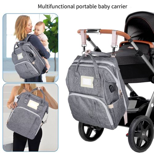 Mochila de Viagem para Crianças Carregadas: Tecido cinza resistente a manchas, múltiplos compartimentos de armazenamento (adequados para mamadeiras, fraldas, roupas, tablets), compartimento isolante, camada impermeável + espaço para saco de dormir expansível, equipado com porta USB para carregamento, bolsa anti-roubo e gancho para carrinho - uma mochila de dupla função para bebê e mãe