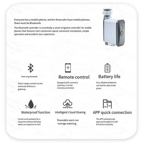 Bluetooth direct connection gateway-free intelligent irrigation controller: Supports one-click control via Smart Life APP. 2-year long-lasting battery life. Outdoor all-weather waterproof. Combined with WiFi and Bluetooth dual-module gateway, it can simultaneously connect 128 devices, replacing traditional single-chip microcontrollers for garden and potted plant automatic watering. (Includes quick connection, cloud sharing, and remote control watering full functions)