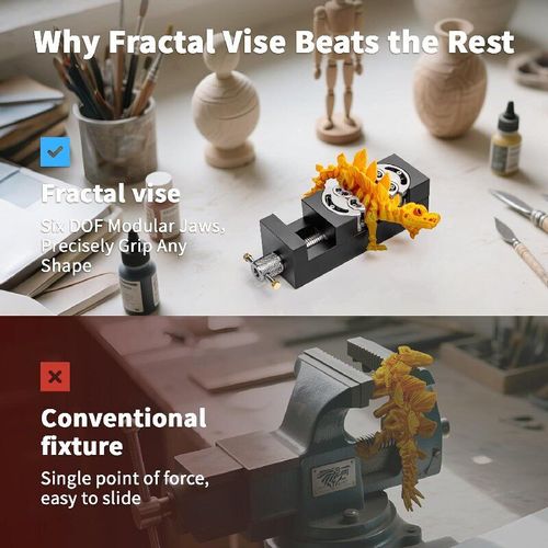 A morsa fractal de precisão que se liberta das limitações dos dispositivos tradicionais: 6 mandíbulas móveis independentes formam um sistema completo adaptativo à forma e à dureza.  Ele cobre tanto peças regulares de 58mm quanto peças irregulares de 62mm.  Ele pode facilmente consertar vários objetos como bananas, esferas,Ele substitui a tradicional ferramenta de apoio de força de ponto único e fácil deslizamento por uma nova opção de fixação estável com múltiplos contatos.