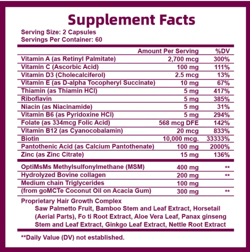 Se você fizer um pedido hoje, enviaremos um total de 2 frascos de cápsulas vitamínicas para fortalecer o cabelo.  A quantidade total é de 240 cápsulas.  As cápsulas avançadas de crescimento capilar contêm 10.000 microgramas de biotina e colágeno.  Eles ajudam a prevenir a queda de cabelo e deixam o cabelo mais grosso.  Tome 2 cápsulas por dia.  Além disso, também possui efeitos de cuidados com a pele e fortalecimento das unhas.  Seus ingredientes são puros e não contêm aditivos.