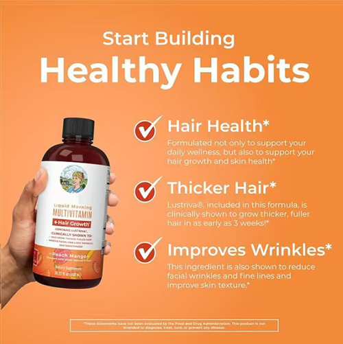 Faça o pedido hoje e você receberá 2 frascos das gotas de vitaminas para crescimento capilar.  Ele é especialmente projetado para mulheres e tem como objetivo nutrir cabelos e peles.  Ele contém nutrientes como essência de brilho, que pode deixar o cabelo mais grosso em 3 semanas e melhorar as linhas finas.  Este produto é sem açúcar e sem glúten, com sabores de pêssego e manga.  Basta tomar 2 colheres de sopa por dia para ajudar a manter seu cabelo saudável.