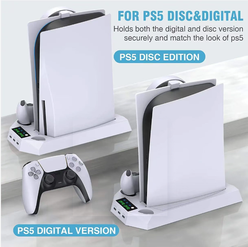 Suporte de resfriamento dedicado para PS5: Turboventilador com ajuste de três velocidades (controle silencioso de temperatura), alavanca dupla com carga total de 3 horas (indicado por luzes vermelhas e verdes), além de incluir gancho para fone de ouvido + slot para controle remoto para organizar o desktop.   A operação por toque não tem curva de aprendizado, resolvendo os problemas centrais de calor excessivo do console, desktop sobrecarregado e carregamento dos dispositivos.
