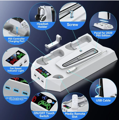 Suporte de resfriamento dedicado para PS5: Turboventilador com ajuste de três velocidades (controle silencioso de temperatura), alavanca dupla com carga total de 3 horas (indicado por luzes vermelhas e verdes), além de incluir gancho para fone de ouvido + slot para controle remoto para organizar o desktop.   A operação por toque não tem curva de aprendizado, resolvendo os problemas centrais de calor excessivo do console, desktop sobrecarregado e carregamento dos dispositivos.