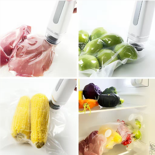 Esta máquina de vácuo portátil é sem fio e portátil.  Ele pode ser operado com uma mão e para automaticamente após a vedação a vácuo.  É adequado para todos os tipos de ingredientes, como frutos do mar, nozes, frutas e vegetais.  A bolsa sem BPA pode ser reutilizada.  Ele tem longa duração da bateria, mantém o frescor e evita contaminação cruzada, prolonga o frescor dos ingredientes e reduz o desperdício de cozinha.