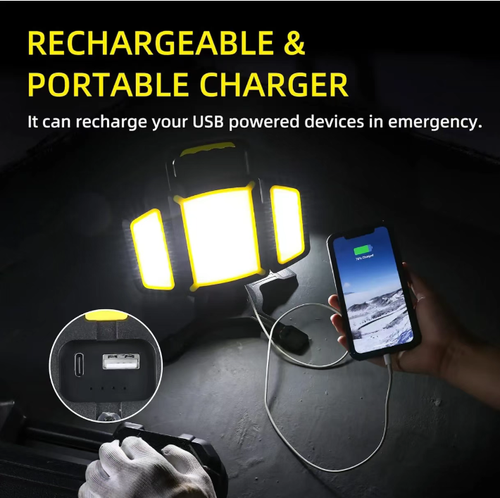 Este abajur de trabalho de três páginas é um assistente para ambientes escuros.  Ele tem brilho de 3000LM com 5 níveis de ajuste de brilho.  Ele é alimentado por pilhas 4400 e pode durar de 3 a 9 horas.  As páginas da lâmpada podem ser dobradas e giradas.  O forte magnetismo liberta suas mãos.  Também serve como dispositivo de carregamento de emergência.  É portátil e adequado para cenários como reparo de veículos e acampamento.