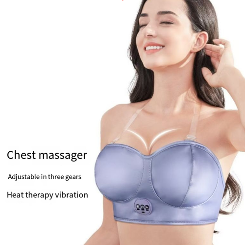 Este massageador de peito carregável foi projetado para ser usado como roupa íntima.  Possui tecido macio e alças finas que não causam desconforto ou desconforto.  Ele tem uma longa duração da bateria para carregar.  Oferece três configurações de vibração e uma terapia térmica de temperatura constante de 40°C.  Pode aliviar a tensão e a dor no peito.  Pode ser usado durante o trabalho ou descanso, tornando-se um companheiro de cuidados leve e conveniente para o dia a dia.